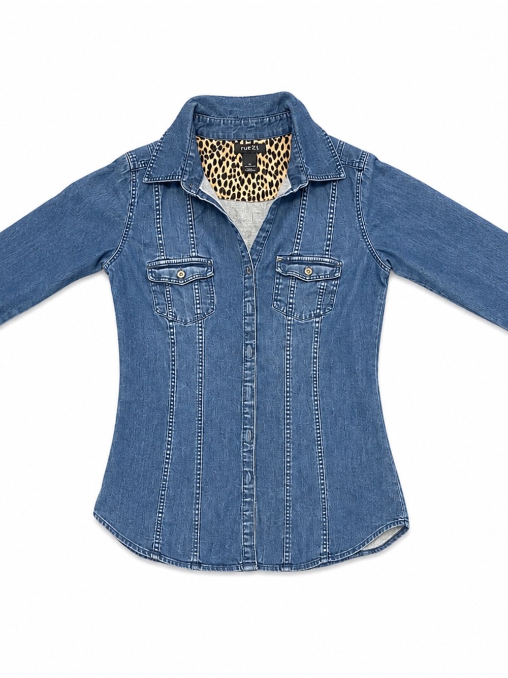 White House Black Market Denim Shirt Size 8 Leopard Collar - Picture 4 of 7